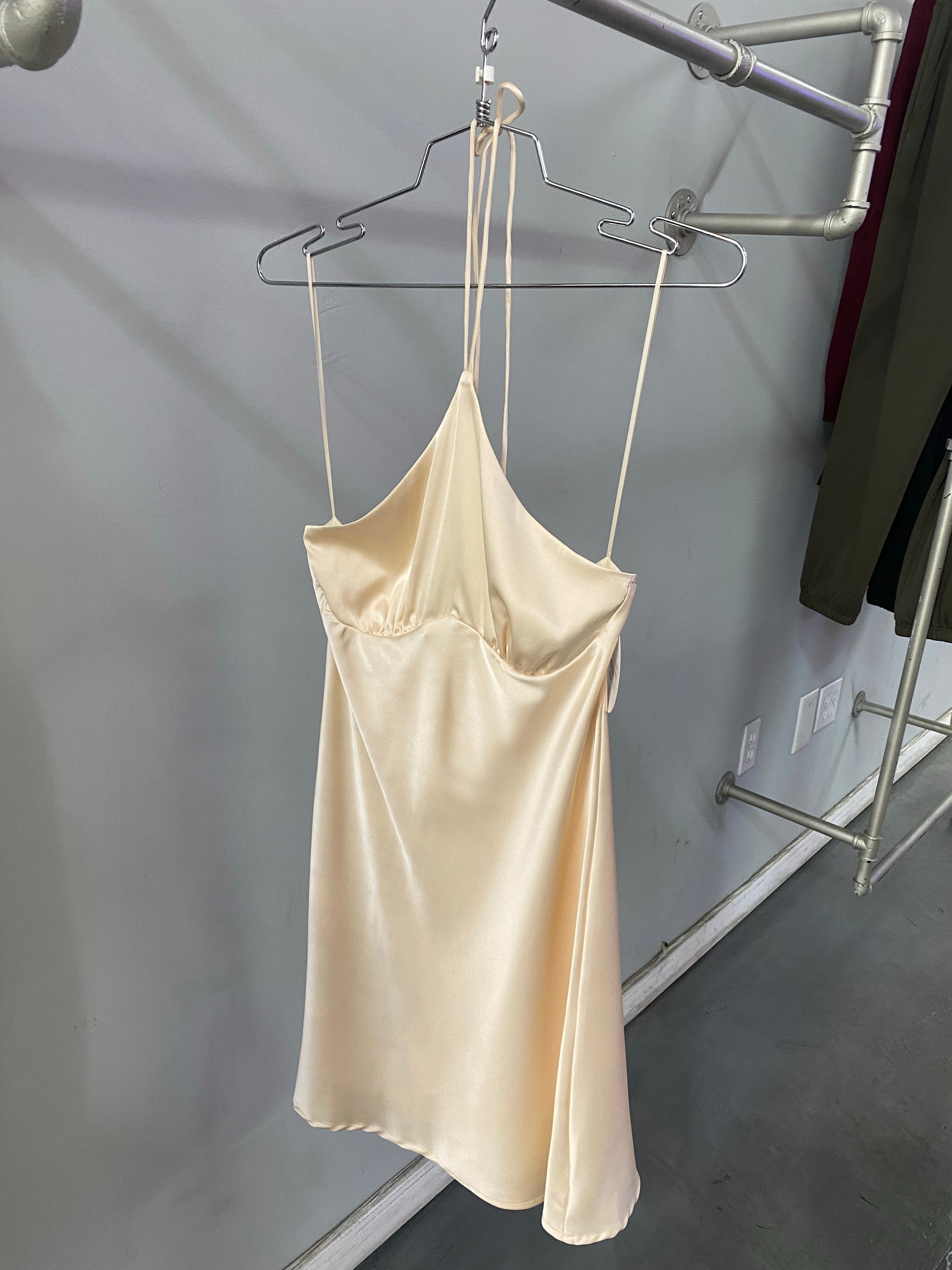 Stacy Satin Halter Bustier Mini Dress (Champagne) Sole Los Angeles Stacy Satin Halter Bustier Mini Dress (Champagne) Sole Los Angeles