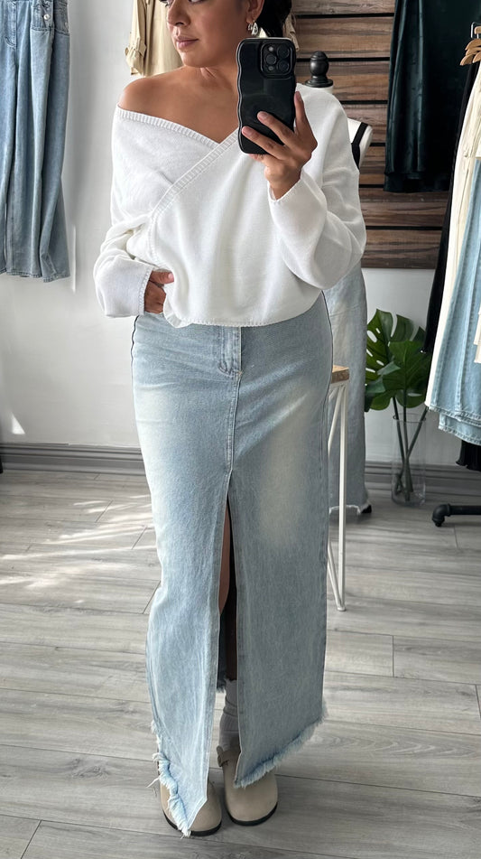 Brenda Woven Denim Slit Maxi Skirt