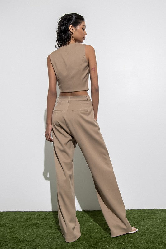 Amy Highwaisted Wideleg Trouser Pants (Beige)