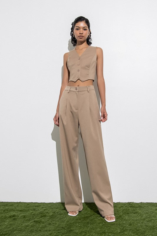 Amy Highwaisted Wideleg Trouser Pants (Beige)