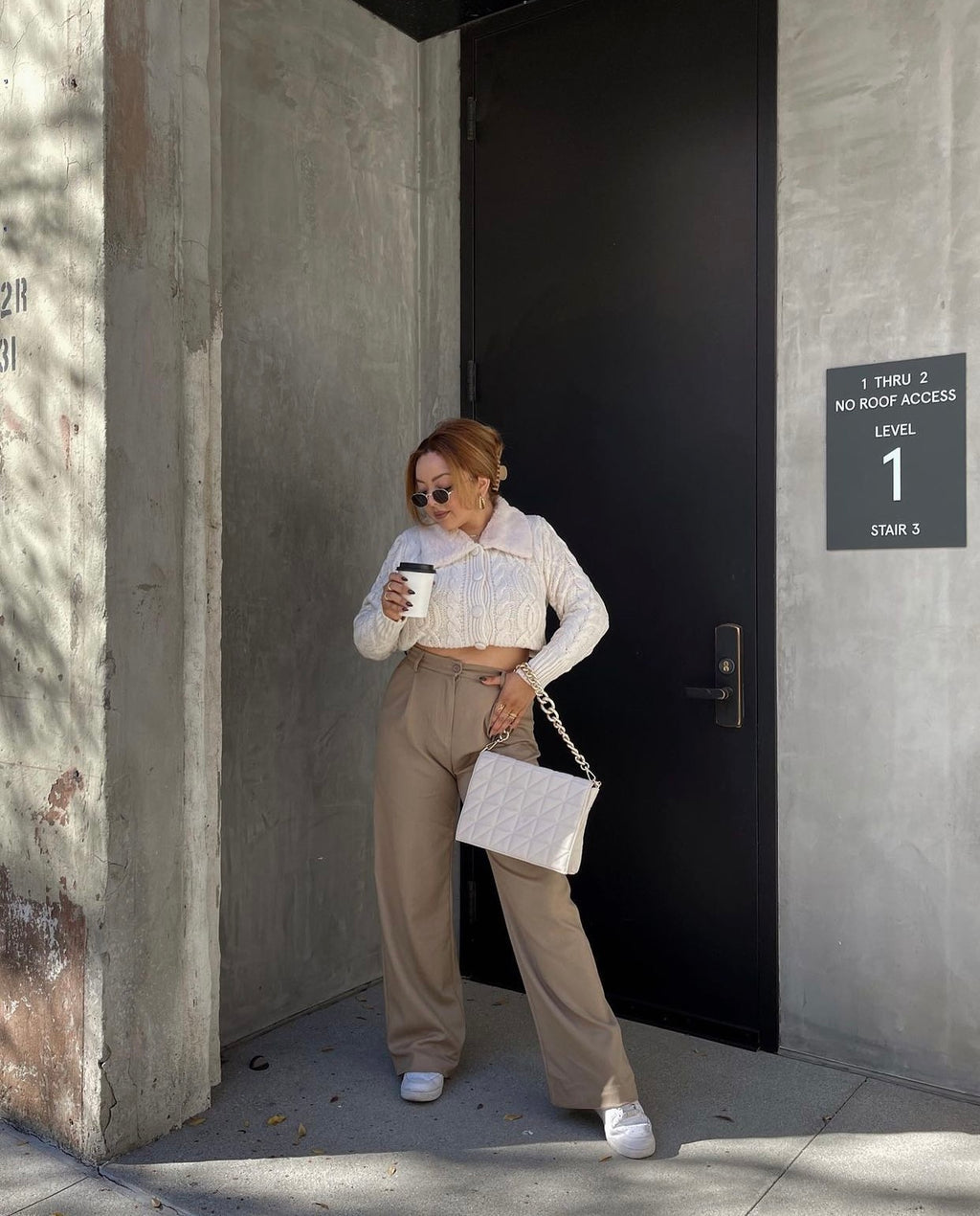 Amy Highwaisted Wideleg Trouser Pants (Beige)