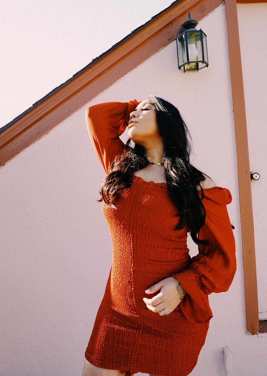 Carmen Shirred Smocked Dress (Rust)