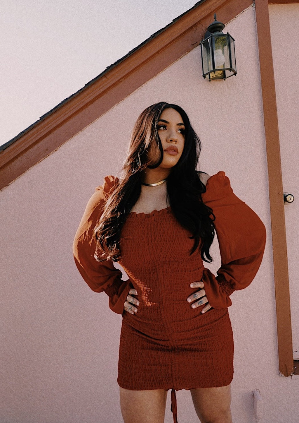 Carmen Shirred Smocked Dress (Rust)